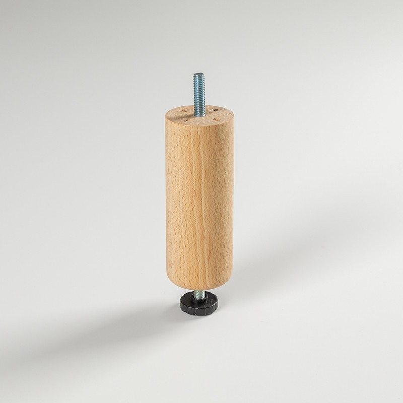Pack de 4 patas de madera para cama o somier. Pata cilíndrica de 12,5cm con regulador.